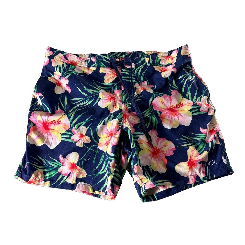 Calvin Klein Mens XXL Navy Tropical Floral Swim Trunks Drawstring Stretch Shorts